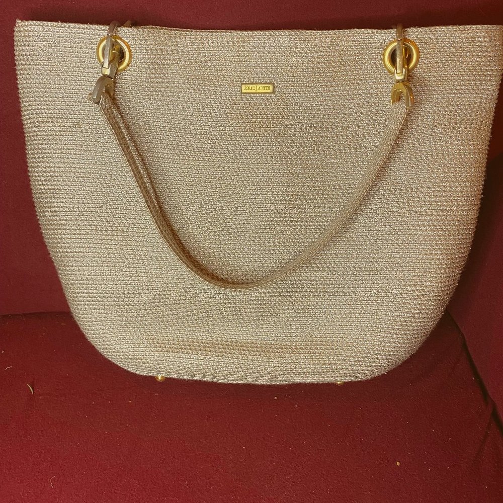 ERIC JAVITS Squishee Clip Tote Silver Shimmer  Large Shoulder Straw Bag